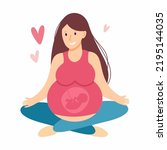 A pregnant woman is sitting in a lotus position doing yoga. Yoga and pregnancy. Vector illustration	