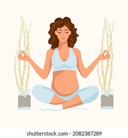 A pregnant woman is sitting in the lotus position. Vector illustration. Cartoon style. Yoga, meditation.