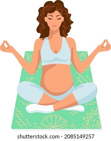  Pregnant woman is sitting in the lotus position. Vector illustration. Cartoon style. Yoga, meditation.