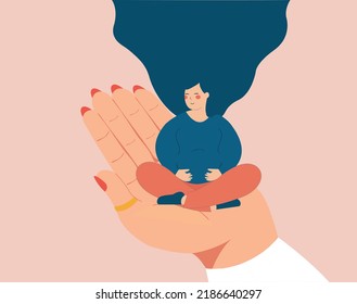 Pregnant woman sitting in lotus position on a big hand during examination. Breathing exercises for pregnancy. Maternity women who need support. Concept of hospital care, Gynecologist. Vector stock