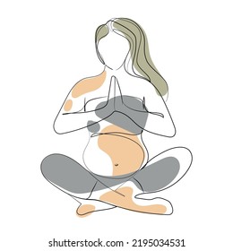Pregnant woman sitting in lotus position, practicing meditation, yoga continuous line drawing vector illustration, expectant mother line art, one line drawing. Mother and baby health concept