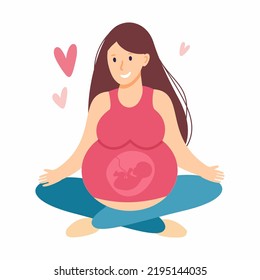 A pregnant woman is sitting in a lotus position doing yoga. Yoga and pregnancy. Vector illustration	