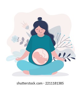 Pregnant woman sitting in lotus position. Yoga for pregnant. Relaxation, female character meditating in yoga asana. Maternity, embryo in belly. Happy and healthy pregnancy. Flat vector illustration