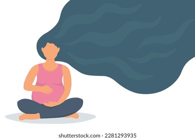 A pregnant woman is sitting in the lotus position, doing yoga, meditating. Beautiful abstract girl with long loose hair waiting for a baby. Vector graphics.