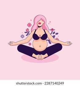 Pregnant Woman Sitting in Lotus Position. Hatha yoga Minimalistic Geometric Lady. Floral Background. Yoga Exercise. Flat cartoon vector illustration with stroke. 