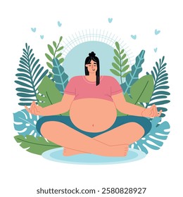 Pregnant woman sitting in lotus position. Harmony and meditation, happy expectant mother does yoga, cartoon girl relax, vector illustration