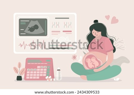 Pregnant woman sitting in lotus position. Two human unborn children fetus in mother belly. Abdominal ultrasound, medical research. Twins babies in womb. Pregnancy and health of mother and baby inside.