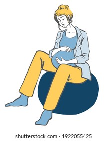 Pregnant Woman Sitting on Ball sketch . Hand drawn Vector illustration