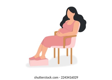 pregnant woman sitting on a chair and put her foot on the box.