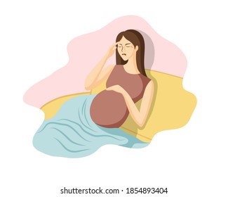 pregnant woman is sitting on the couch and is experiencing severe pain (headache). one line drawing vector flat illustration sick pregnant woman at home suffering from pain