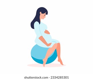 Pregnant woman sitting on fitball holding her belly Mother in labor flat vector illustration