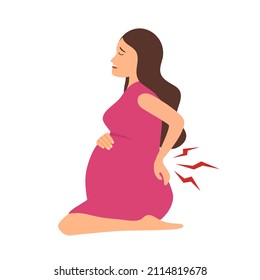 Pregnant woman sitting on the floor having backache symptom in flat design on white background. Tired pregnant female.