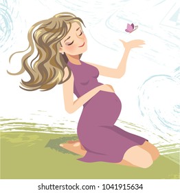 Pregnant woman sitting on grass with butterfly on hand