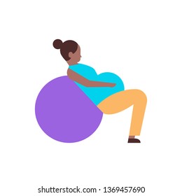 pregnant woman sitting on gymnastic ball doing yoga exercises african girl working out fitness pregnancy healthy lifestyle concept female cartoon character full length white background