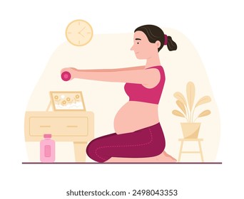 Pregnant Woman Sitting on Mat and Exercise with Dumbbell for Prenatal Health