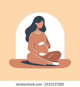 A pregnant woman is sitting on a mat and hugging belly with arms. Future mom, pregnancy concept. Vector flat illustration isolated on background.