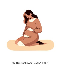 A pregnant woman is sitting on a mat and hugging belly with arms. Future mom concept in cute cartoon style. Healthcare, pregnancy. Flat vector illustration isolated on white.