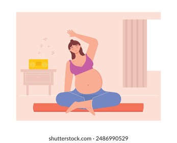 Pregnant woman sitting on a mattrass and doing yoga at home, safe for exercise. Character design. Vector flat illustration