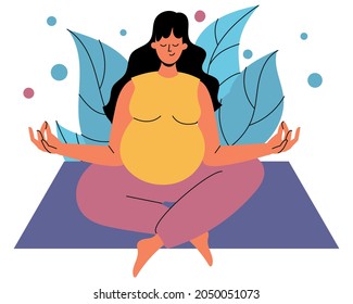 A pregnant woman is sitting on a rug in the lotus position. A pregnant woman is sitting with her eyes closed against the background of foliage. The concept of harmony, tranquility and mental health