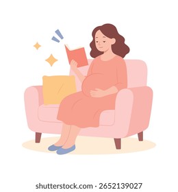 Pregnant woman sitting on a sofa and reading a book. Expectant mother in comfortable home setting. Cozy pregnancy and maternity concept in flat cartoon style. Vector illustration on white background.