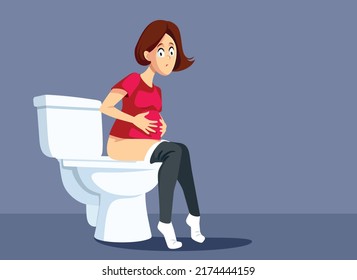 Pregnant Woman Sitting on the Toilet Vector Cartoon Illustration. Mother to be having cramps feeling constipated 
