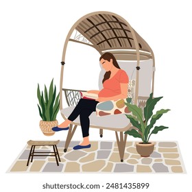 Pregnant woman sitting in a rattan chair reading book in comfortable garden terrace, patio with stone path, outdoor furniture and potted plants. Vector colorful cartoon flat illustration isolated.