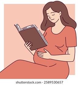  A pregnant woman sitting and reading a book with a calm expression, symbolizing relaxation, learning, and preparation for motherhood. The soft colors create a cozy and warm atmosphere.