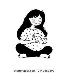 Pregnant woman sitting.. Simple black and white doodle illustration. Template for greeting card, print, poster, sticker.