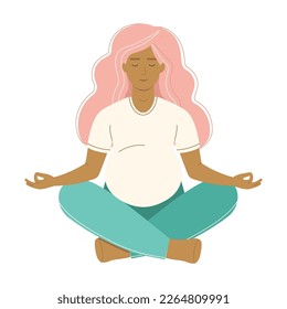 Pregnant woman sitting in yoga lotus pose doing yoga meditation. Female sits in lotus pose with namaste hands.