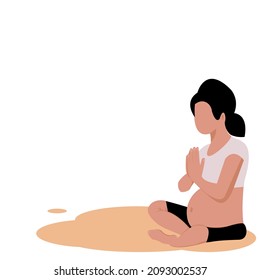 Pregnant woman sitting yoga. No face woman Pregnant Asana yoga Pose with text s on white background.Vector isolate flat design concept for exercising during pregnancy is good for mum and baby.