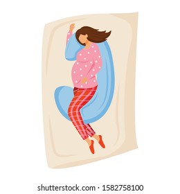 Pregnant woman sleeping flat vector illustration. Young mother waiting of baby. Maternity preparation. Lady sleeping on pregnancy pillow on bed cartoon character on white background