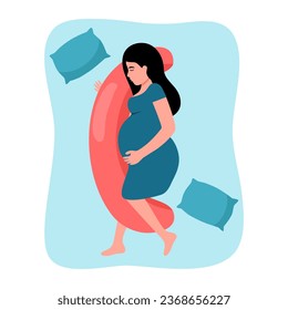 A pregnant woman sleeping and hugging a pillow for pregnant women in flat design top view.