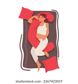 Mujer Embarazada Dormiendo Con Apoyo De La Píldora De Maternidad Para Una Óptima Vista De Sueño. Personaje femenino que va a dormir con cojín aislado en imagen vectorial de fondo blanco