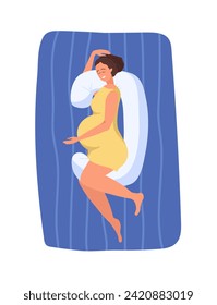 Pregnant woman sleeping with maternity pillow on her bed. Happy pregnant woman relaxing. Belly support pillow. Pregnancy, maternity, healthcare, gynecology concept. Flat vector illustration isolated.