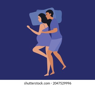 Pregnant woman sleeping on bed with her husband vector illustration. Pregnancy, motherhood and love relationship concept