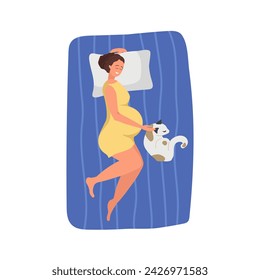 Pregnant woman sleeping on her bed. Cat lies nearby. Cozy Holiday with pet. Happy pregnant woman relaxing. Pregnancy, maternity, healthcare, gynecology concept. Flat vector illustration isolated