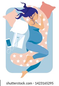 Pregnant Woman Sleeping on Mattress for Pregnant. Technology Orthopedic Mattress. Sallon Martas. New Collection. Healthy Sleep. Health Care. Vector Illustration. Anatomical Design. Sleep on Bed.