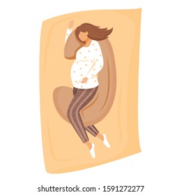 Pregnant woman sleeping on pregnancy pillow flat vector illustration. Waiting of baby. Maternity preparation. Girl relaxing on bed in prenatal time cartoon character on white background