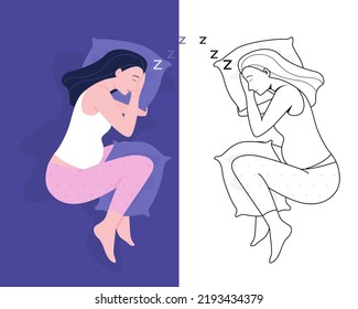 La mujer embarazada está durmiendo. Soñar y relajarse en paz. Ilustración plana vectorial y de línea de salida.