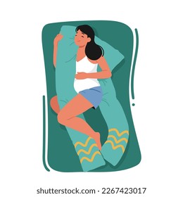 Pregnant Woman Sleeping With Specially Designed Pillow That Accommodates The Shape Of The Baby Bump For Maximum Comfort. Isolated Female Character Nap on Bed. Cartoon People Vector Illustration