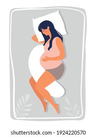 A pregnant woman sleeps on a bed with pillows. Pregnancy health and care. Vector illustration of motherhood isolated on white background.