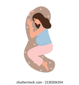 A pregnant woman sleeps on a pillow. Сomfortable sleeping pose, healthy night sleep.Сushion for pregnant woman. Pregnancy. Vector illustration isolated on white background.