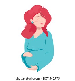 Pregnant woman smiles, her eyes closed hugs her belly, happy smile. Pregnancy, newborn, long-awaited instant, baby, kiddy, mother, daughter son
. Modern vector flat image isolated on white background.