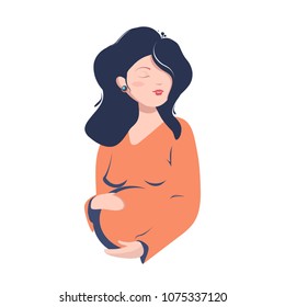 Pregnant woman smiles, her eyes closed hugs her belly, happy smile. Pregnancy, newborn, long-awaited instant, baby, kiddy, mother, daughter son
. Modern vector flat image isolated on white background.