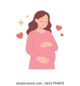 Pregnant woman smiling with hands on belly. Expectant mother. Happy pregnancy, motherhood concept. Future mom vector illustration isolated on white background.