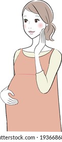 A pregnant woman smiling touching her face