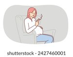 Pregnant woman smokes cigarette, sitting in chair and risks health of child due to nicotine addiction. Pregnant girl and expectant mother does not know about dangers of tobacco for unborn baby