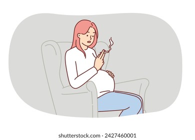 Pregnant woman smokes cigarette, sitting in chair and risks health of child due to nicotine addiction. Pregnant girl and expectant mother does not know about dangers of tobacco for unborn baby