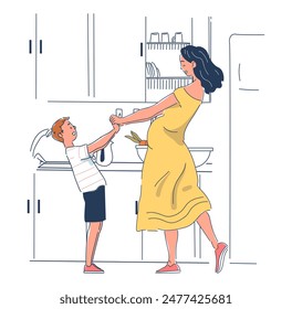 Pregnant woman with son concept. Future and expecting mother with boy dancing at kitchen. Childhood and motherhood. Love and care. Linear flat vector illustration isolated on white background