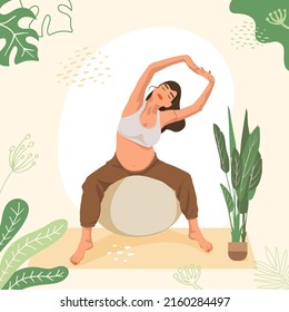 Pregnant woman in a sports suit on a fitness Ball. Fit Ball exercises. Working out and fitness, healthy Pregnancy concept. Flat vector illustration.